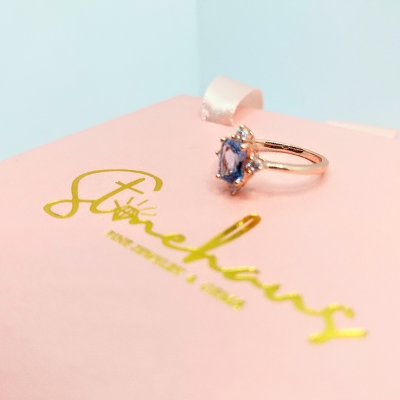 14K Rose Gold Plated Blue Spinel Emerald Cut Ring - Picture 2 of 4